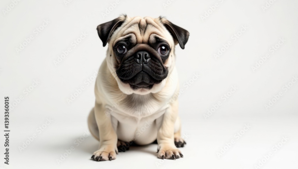 Solo pug against stark white backdrop, showcasing its features, adorable, dog face Solo pug against stark white backdrop, showcasing its features, adorable, dog face