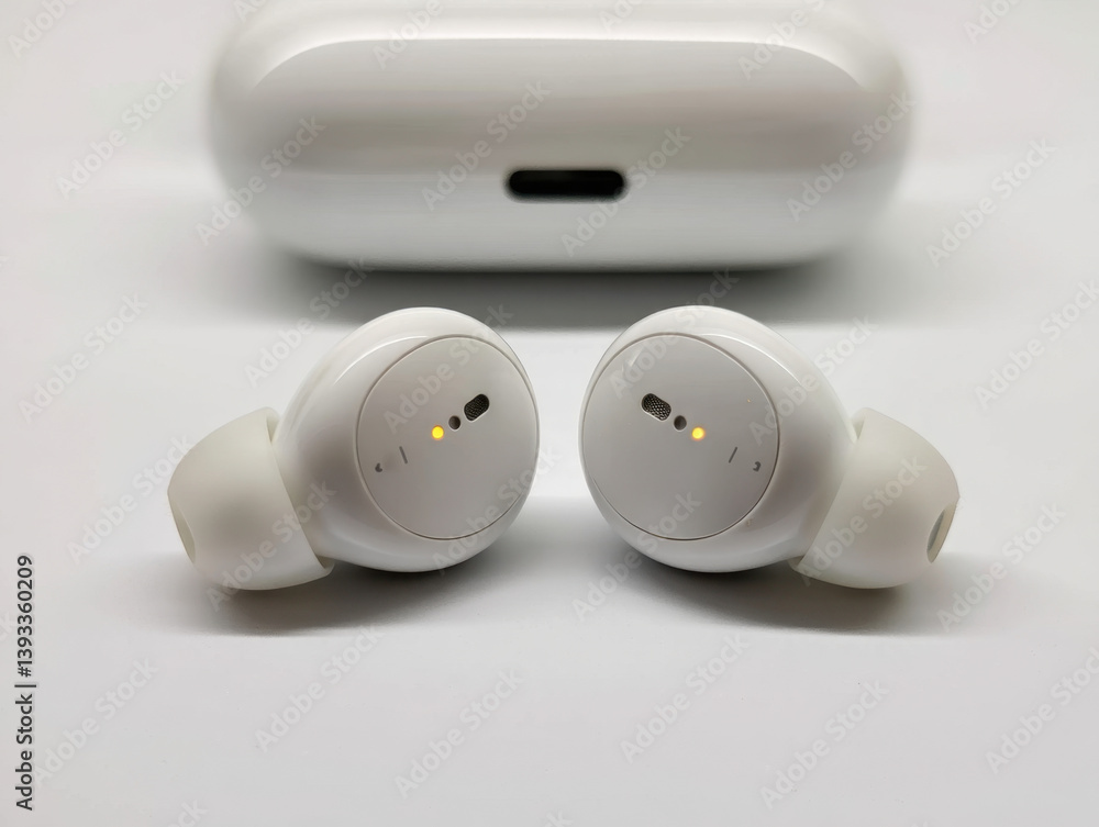 White Wireless Earbuds with Charging Case on White Surface White Wireless Earbuds with Charging Case on White Surface
