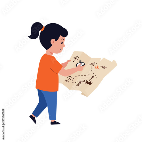 Child exploring a treasure map in a playful flat design vector art