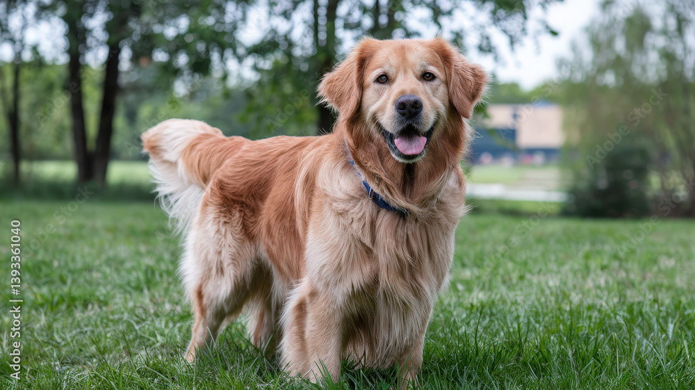 Happy Golden Retriever Dog Standing on Grass in Park Happy Golden Retriever Dog Standing on Grass in Park