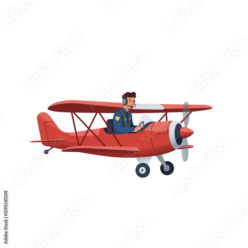 Red biplane flying with pilot in flat and minimal vector art