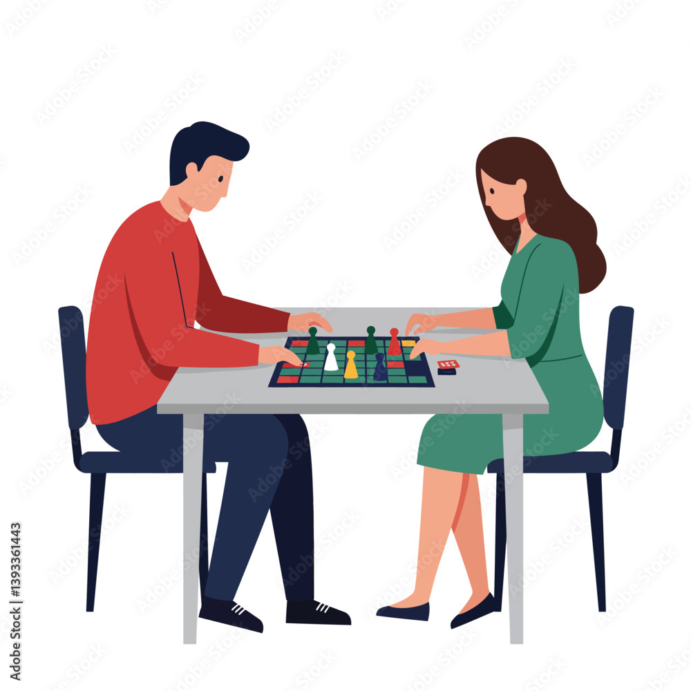 Two players engaged in an intense chess match in flat vector art Two players engaged in an intense chess match in flat vector art