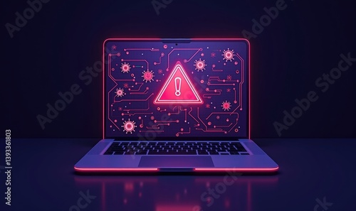A futuristic laptop displaying a warning sign over a backdrop of digital elements, symbolizing cybersecurity threats and the importance of data protection.