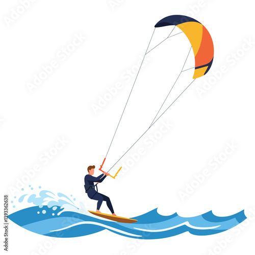 Kitesurfer riding waves in vibrant colors with flat design style vector art