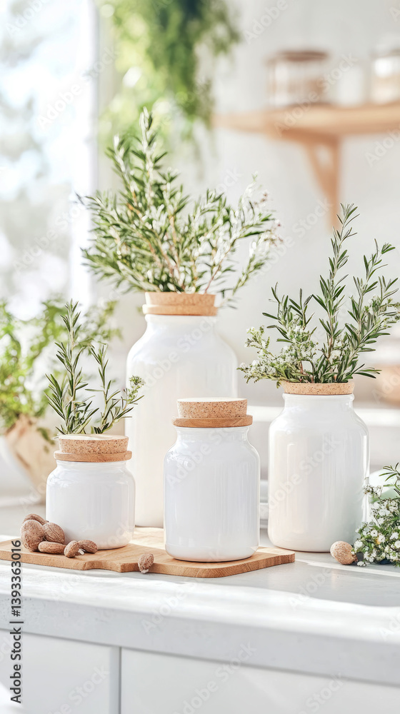 Fototapeta premium Botanical Home Decor: Minimalist White Vases with Rosemary and Almonds on Wooden Board, Serene Kitchen Setting
