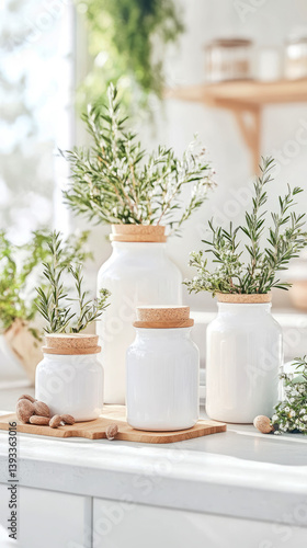 Wallpaper Mural Botanical Home Decor: Minimalist White Vases with Rosemary and Almonds on Wooden Board, Serene Kitchen Setting Torontodigital.ca
