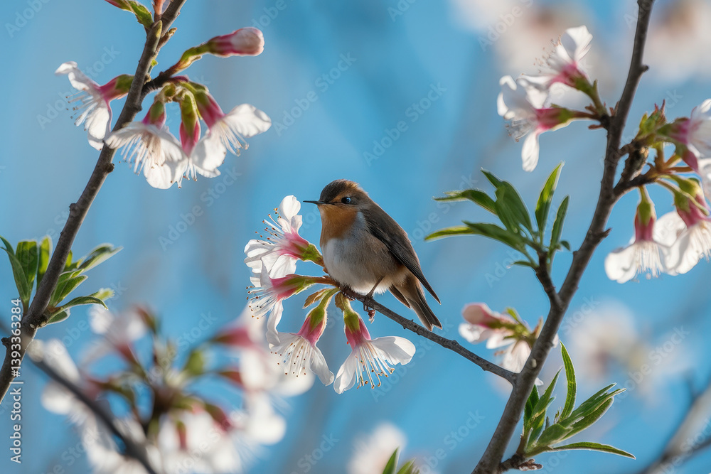 Obraz premium Spring serenity with robin on blooming branch against turquoise sky