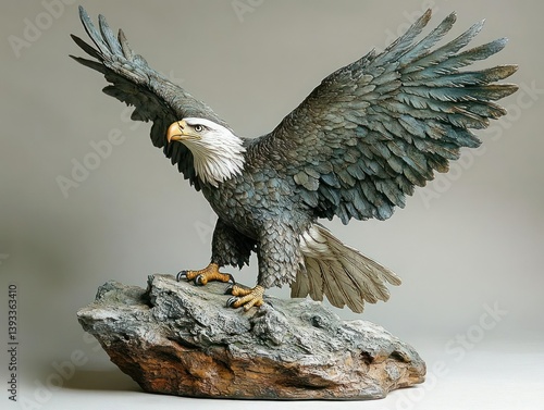 Detailed sculpture of a soaring bald eagle perched on a rock