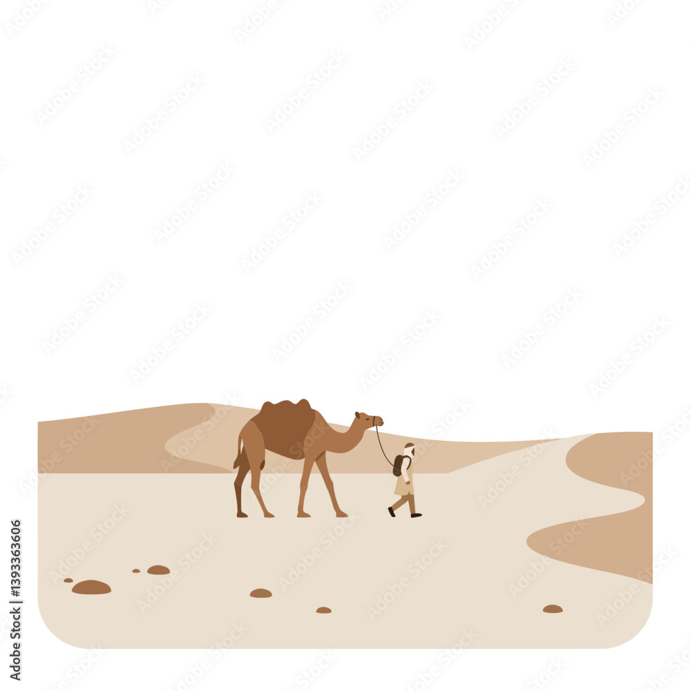 Fototapeta premium Camel walking across a desert landscape in flat vector art style