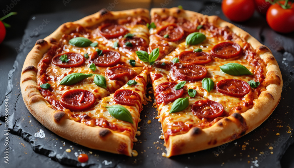 Vivid design food and beverage advertisement: A freshly baked pepperoni pizza with melted cheese and basil leaves sits on a slate board, ready to be enjoyed. Vivid design food and beverage advertisement: A freshly baked pepperoni pizza with melted cheese and basil leaves sits on a slate board, ready to be enjoyed.