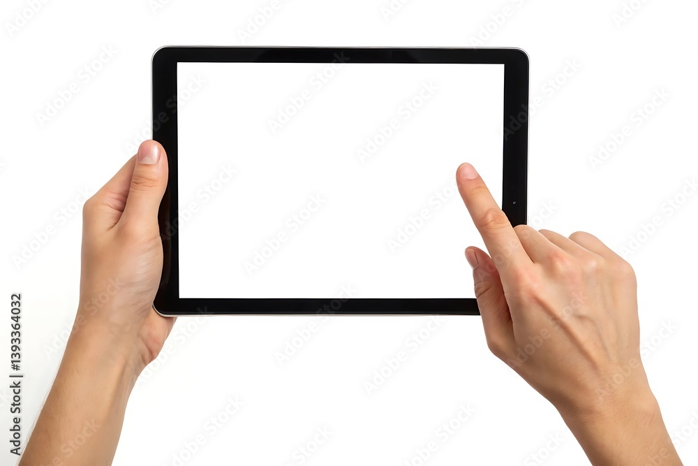 Hands holding and touching tablet with blank white screen isolated on white background Hands holding and touching tablet with blank white screen isolated on white background