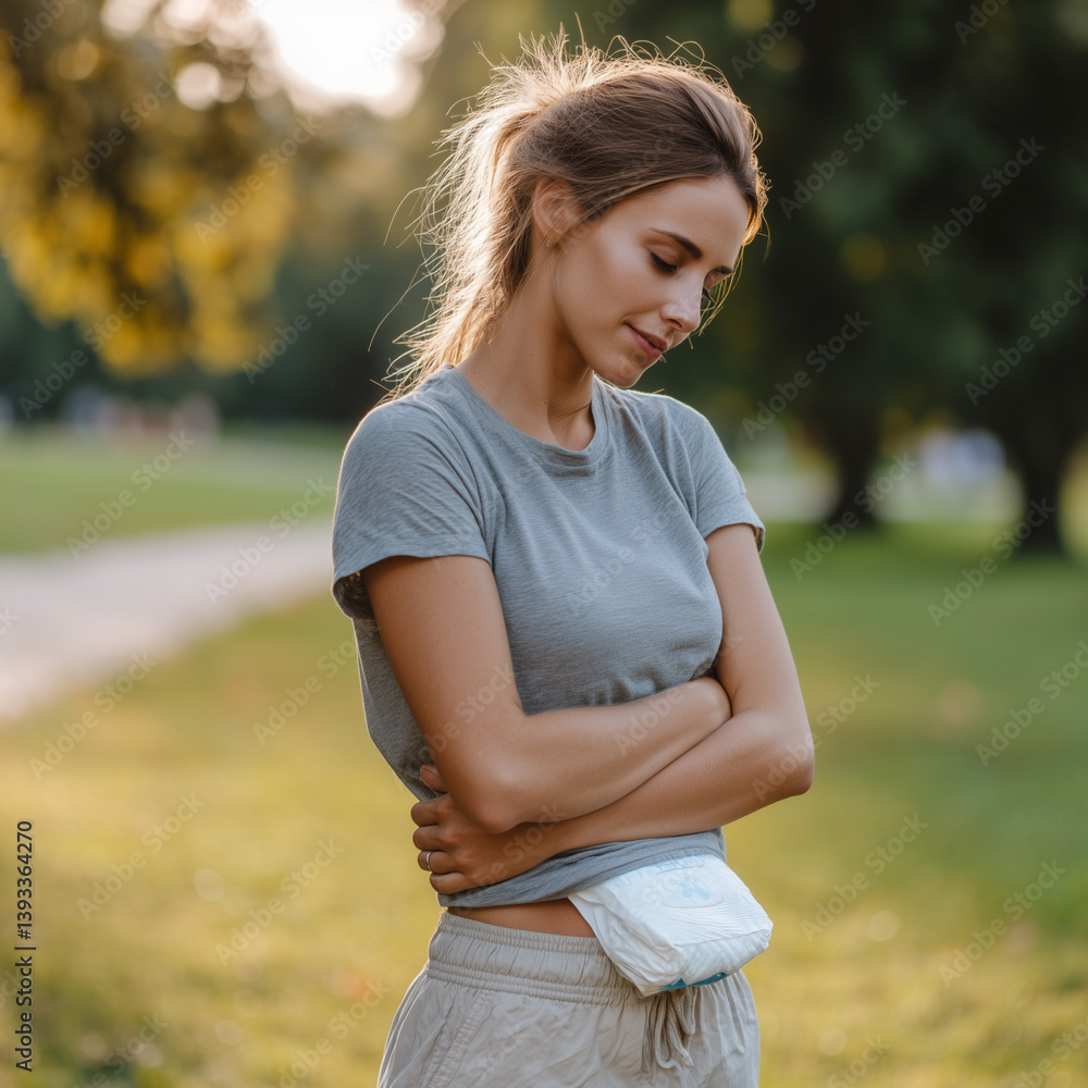schmerz, bauchschmerzen, rückenschmerzen, sonne, pollen, allergie, schmerzen, muskelkater, frau, natur, sommer, park, ausserhalb, lächeln, green, fitnes, leute, lächelnd, sport, läufer, person, schönh