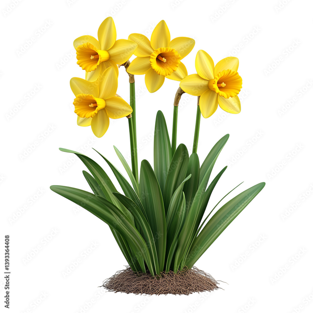 A 3D Vibrant Daffodil Plant with Large Bright Yellow Flowers Isolated on Transparent Background A 3D Vibrant Daffodil Plant with Large Bright Yellow Flowers Isolated on Transparent Background