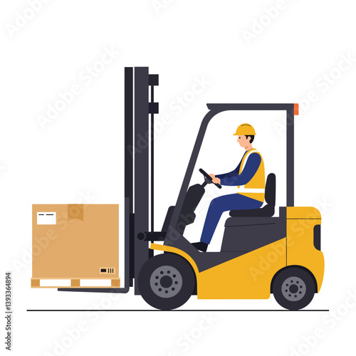 Forklift operator maneuvering a box in flat and minimal vector art