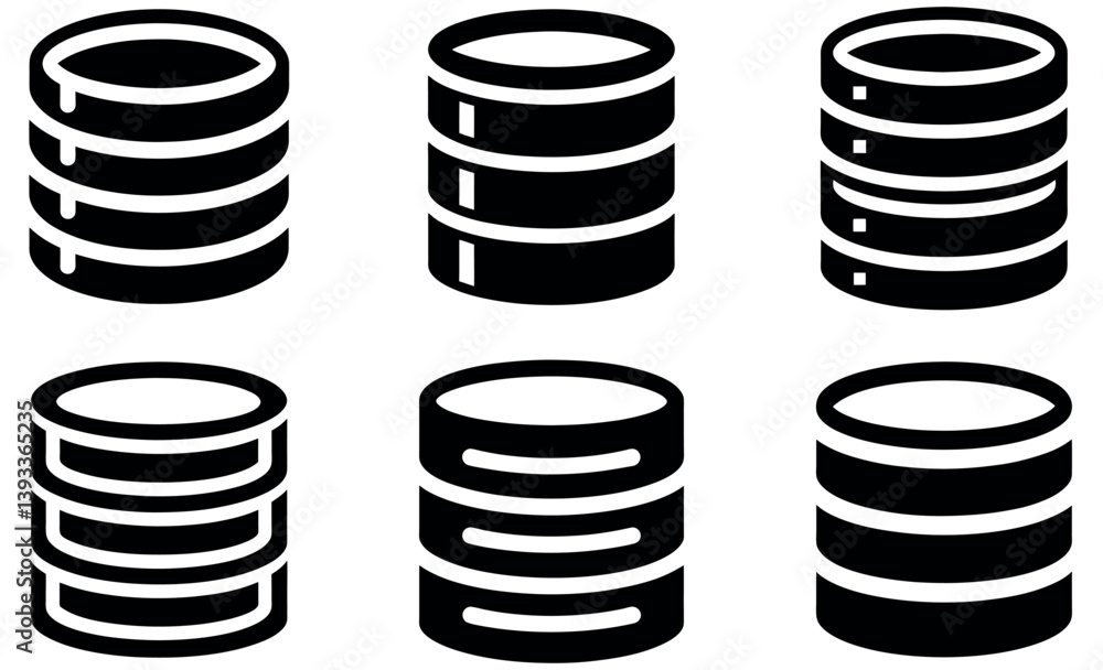 Database Icon Silhouettes Set – Black Stack Symbols for Data, Server, and Tech Design Database Icon Silhouettes Set – Black Stack Symbols for Data, Server, and Tech Design