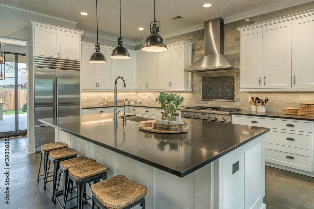 Fototapeta premium A modern kitchen with white matte cabinets, a dark stone backsplash, and a central island offering a bold, functional, and stylish space with seamless appliance integration
