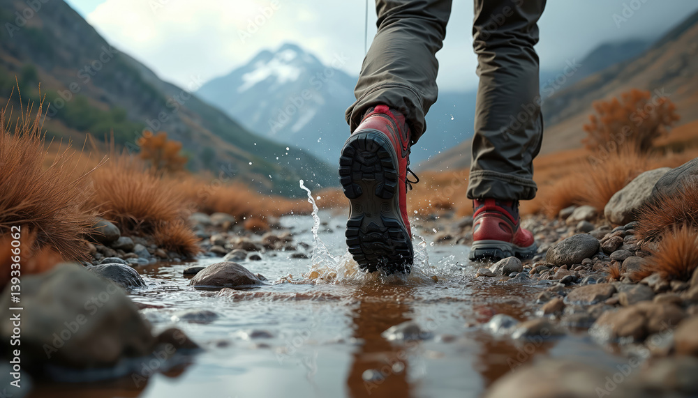 Hiker walks through mountain stream with red boots. Adventure, exploration, trekking through scenic wild nature with mountain landscape background. Hiking through rocky terrain outdoors at summer Hiker walks through mountain stream with red boots. Adventure, exploration, trekking through scenic wild nature with mountain landscape background. Hiking through rocky terrain outdoors at summer