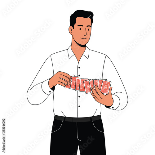 Man performing magic trick with playing cards in flat vector art illustration