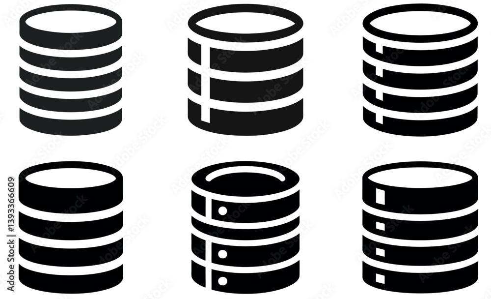 Database Icon Silhouettes Set – Black Stack Symbols for Data, Server, and Tech Design Database Icon Silhouettes Set – Black Stack Symbols for Data, Server, and Tech Design