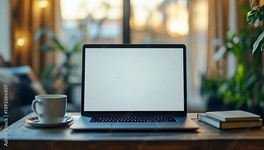 Home Office Setup Laptop Computer on Desk with Blank Screen Coffee Cup Book and Cozy Interior Background : Generative AI Home Office Setup Laptop Computer on Desk with Blank Screen Coffee Cup Book and Cozy Interior Background : Generative AI