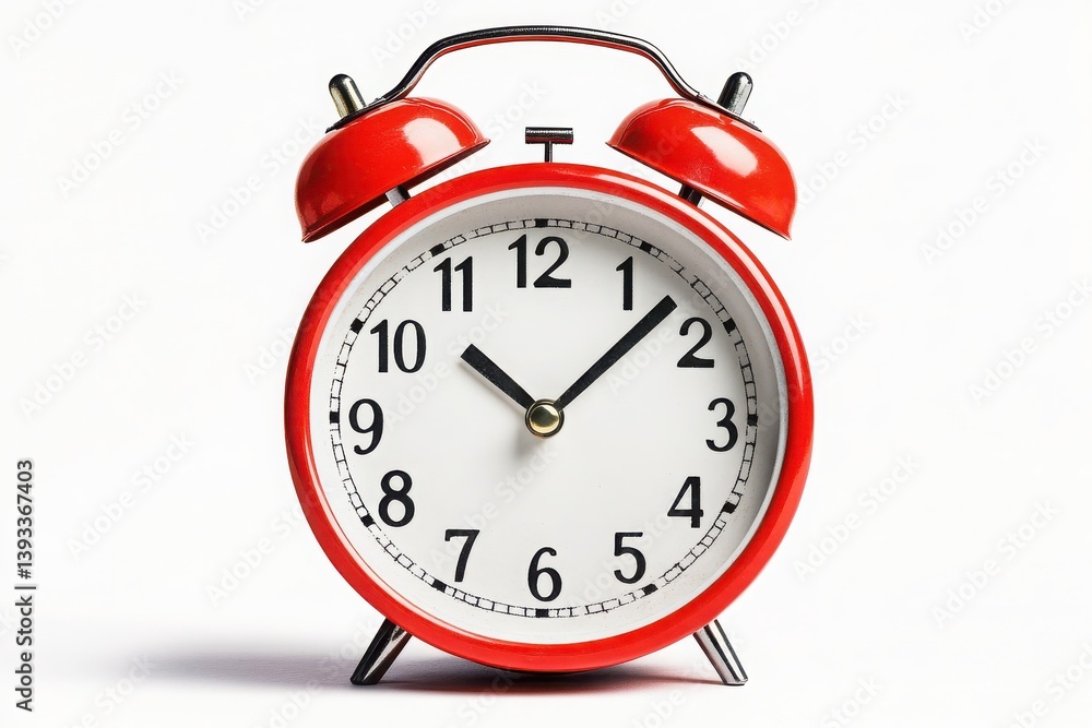 Classic red alarm clock on a white background showing time Classic red alarm clock on a white background showing time
