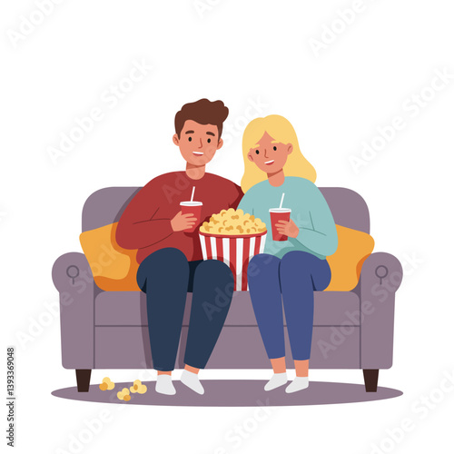 Couple enjoying movie night on couch with popcorn in flat vector illustration