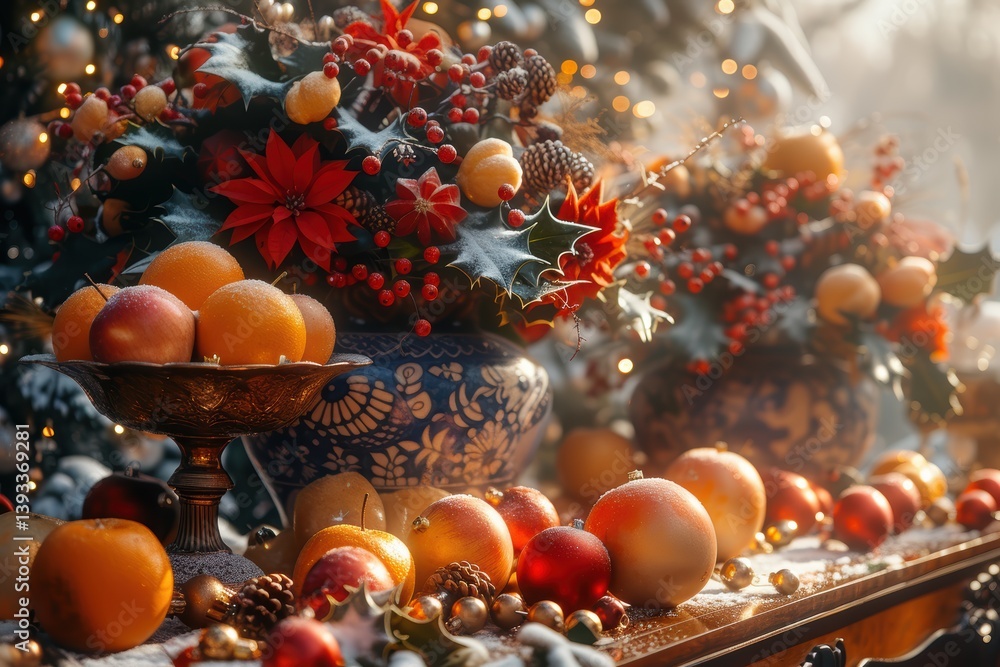 An Exquisite Festive Holiday Fruit Arrangement Featuring Vibrant Poinsettias for Cheer