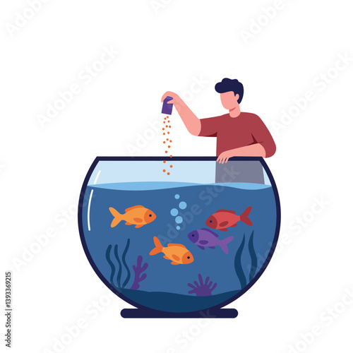 Person feeding colorful fish in a round fishbowl in flat vector art