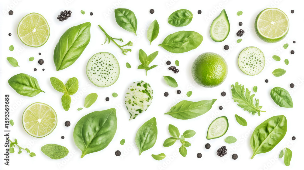 Fresh Ingredients Flat Lay: Vibrant basil, Lime, Mint, and Pepper Arrangement for Culinary Projects Fresh Ingredients Flat Lay: Vibrant basil, Lime, Mint, and Pepper Arrangement for Culinary Projects