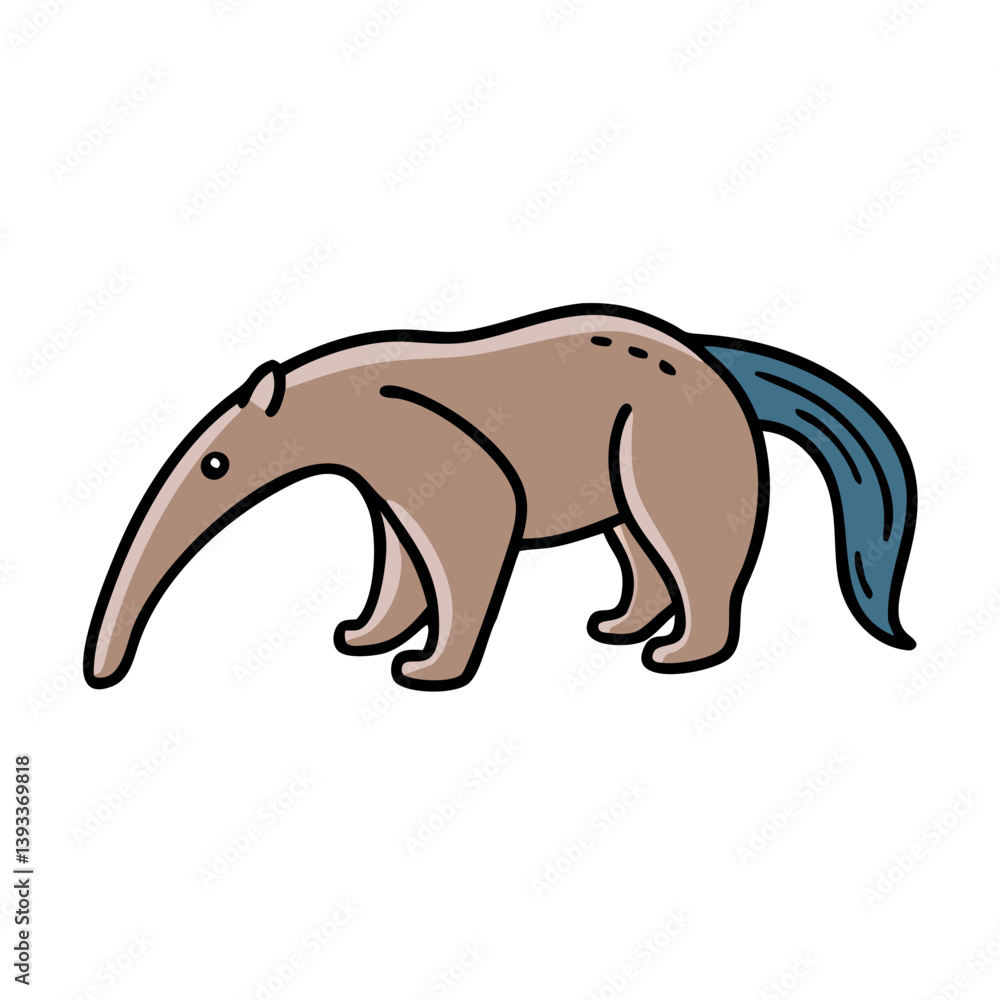 Fototapeta premium Illustration of a cute cartoon anteater animal with long nose and blue tail on transparent background