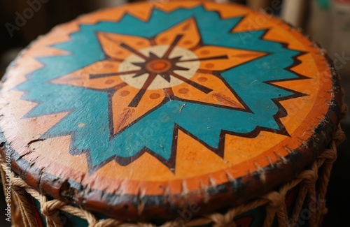 Native American hand drum with intricate painted star design. Traditional musical instrument, cultural heritage. Ceremonial, spiritual, celebration, culture, handmade music.