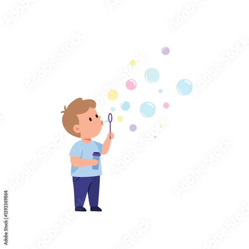 Child joyfully blowing bubbles in minimal flat design vector illustration
