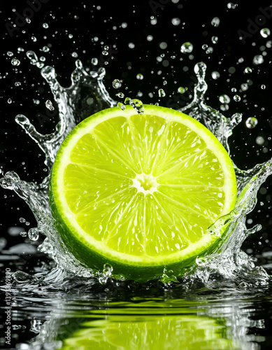Fresh lime slice with water splash on dark background. Vibrant green citrus fruit with dynamic water effect.