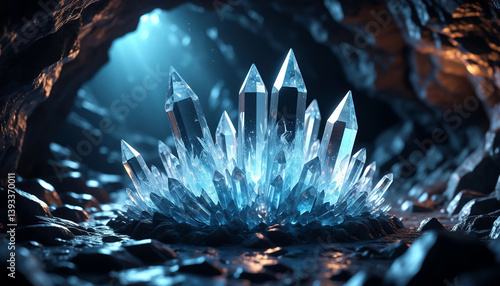 Crystal formation in a cave, illuminated with a soft blue glow, showcasing the natural beauty and mystique of underground formations.