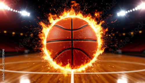 A flaming basketball on a wooden court, symbolizing intensity and passion in the sport, set against a dramatic stadium backdrop.