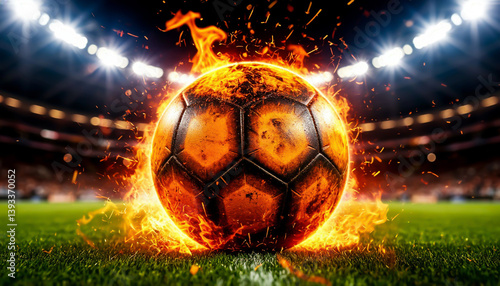 A fiery soccer ball burns brightly on a lush green field, surrounded by stadium lights and sparks, symbolizing the intensity and passion of the sport.