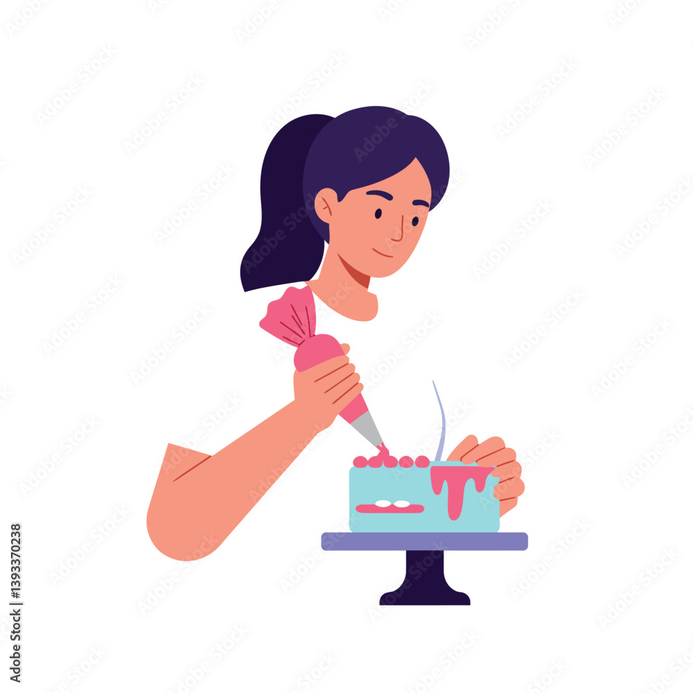 Woman decorating a cake with icing in flat vector art style vector illustration Woman decorating a cake with icing in flat vector art style vector illustration