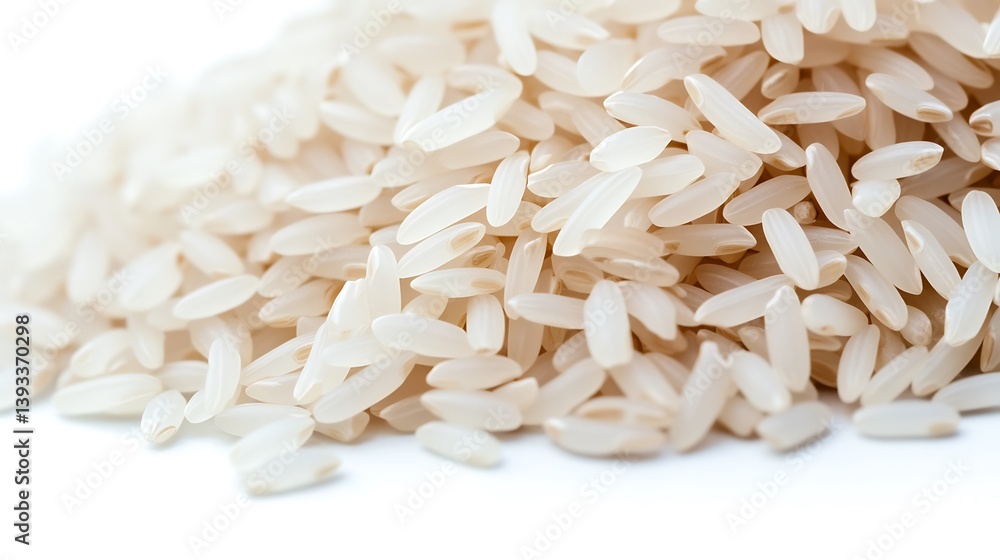 A close-up of a pile of uncooked white rice grains, finely detailed with natural texture and soft shadows, isolated on solid white background. A close-up of a pile of uncooked white rice grains, finely detailed with natural texture and soft shadows, isolated on solid white background.
