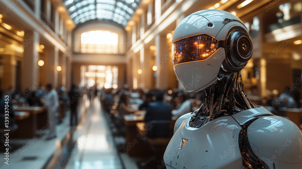 They should be seen working in groups at tables in a high-ceilinged conference room, with some kind of artificial intelligence on the walls. There may be a few robots in the room․ They should be seen working in groups at tables in a high-ceilinged conference room, with some kind of artificial intelligence on the walls. There may be a few robots in the room․