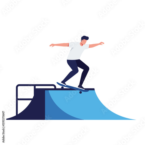 Skateboarder performing tricks on a ramp in flat vector art style vector illustration
