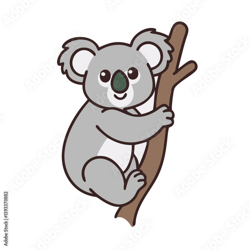 Cute cartoon koala bear clinging to a tree branch vector clip art design on transparent background