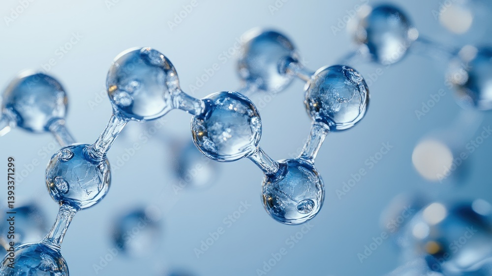 Molecular structure shown as clear, linked spheres with blue background, shallow depth Molecular structure shown as clear, linked spheres with blue background, shallow depth