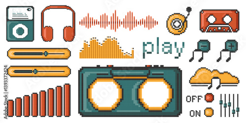 Pixel music icons set. Set with speaker, radio, cassette, headphones, player buttons, microphone, music note, equalizer sound volume. 8 bit abstract music elements.