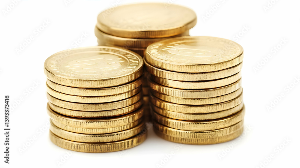 Gold coins stacked, white background, wealth concept, finance Gold coins stacked, white background, wealth concept, finance