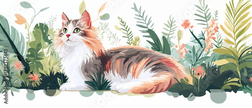 Charming Siberian cat in a garden. Hypoallergenic pet with long fur.