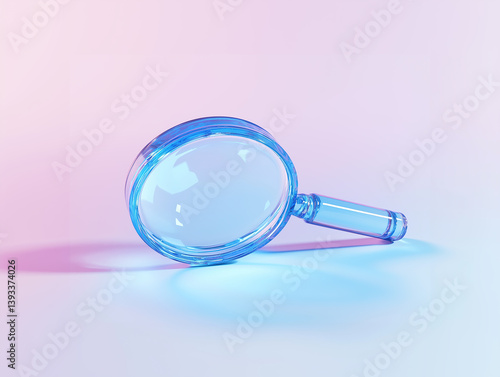 Blue, transparent magnifying glass in a perspective view on a gradient neon background