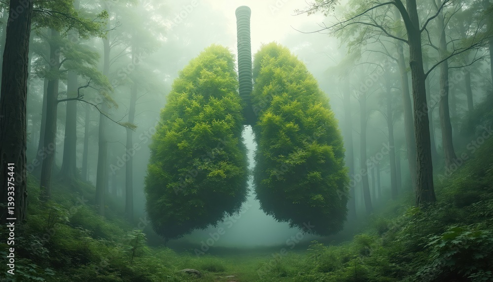 AI-generated image of forest in the shape of a lung. Trees form a vital organ, healthy environment. Concept of green lungs, clean air, eco-friendly living, earth protection.
