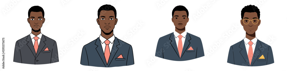 Black team leader in various expressions wearing a suit in minimalist flat vector design style Black team leader in various expressions wearing a suit in minimalist flat vector design style