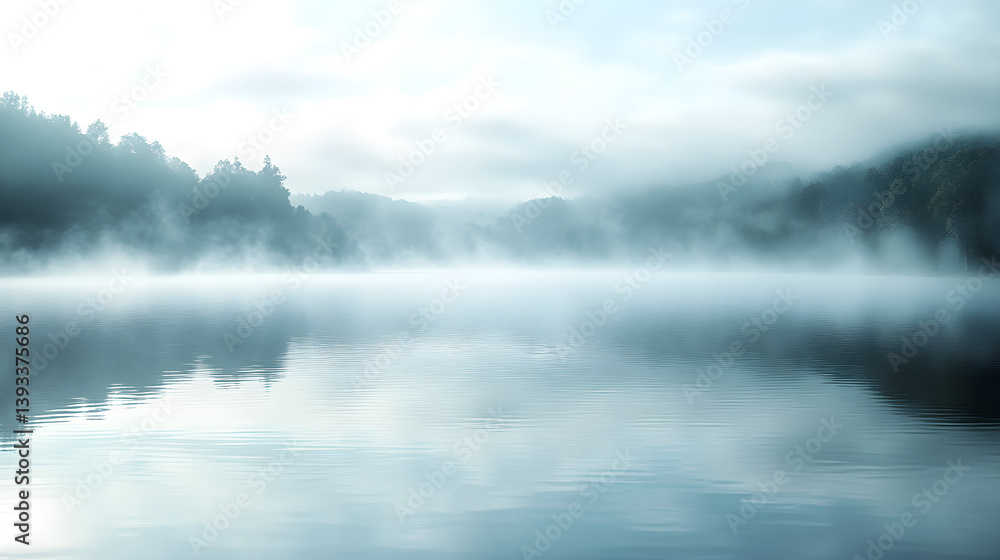 Ethereal Drift: Mist Over Lake Merging with Sky in a Tranquil Illusion Ethereal Drift: Mist Over Lake Merging with Sky in a Tranquil Illusion