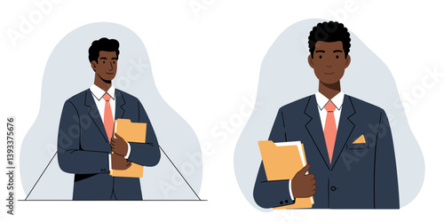 Black team leader with a folder of documents standing confidently in business attire in minimalist flat vector design style